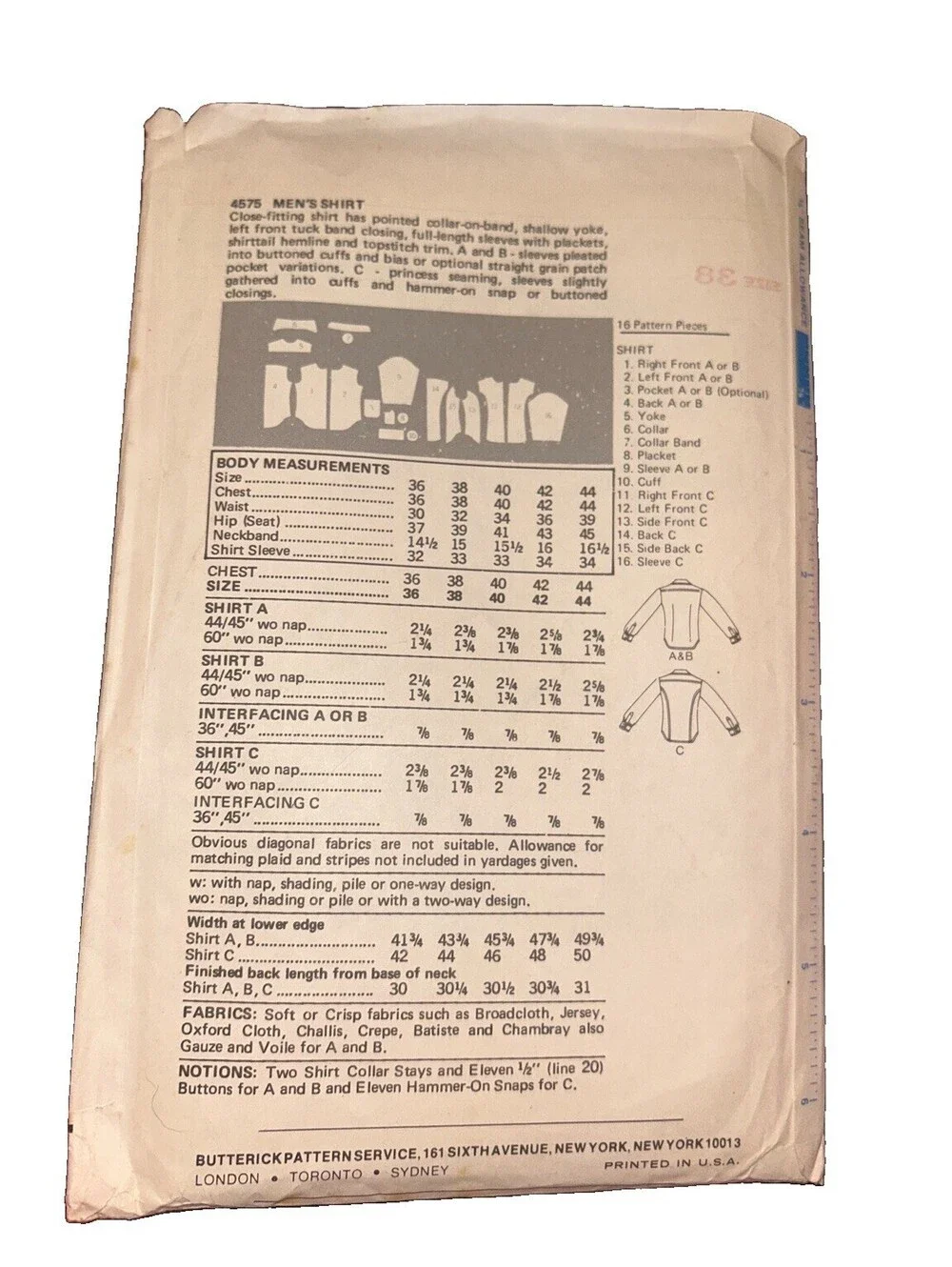 Vintage Butterick 4575 Men’s Shirt Sewing Pattern Size 38 Uncut Factory Folded